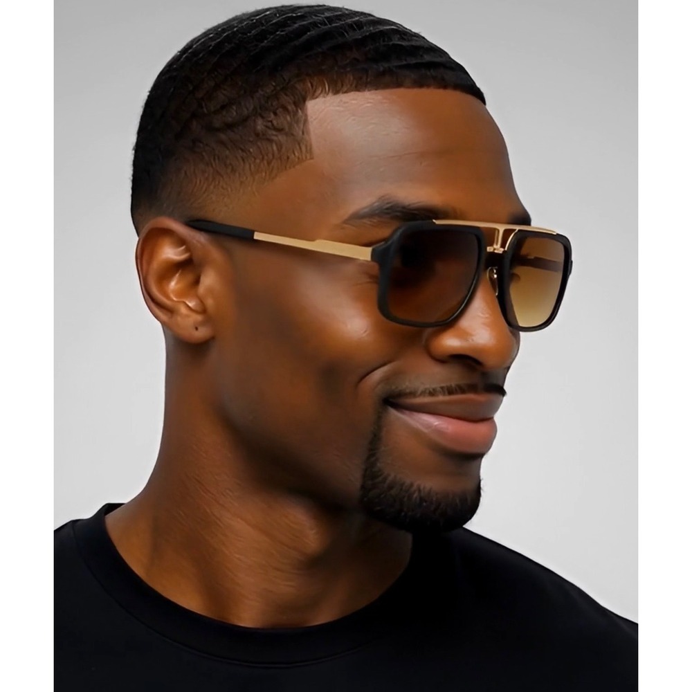 Mens Oversized Square Retro Sunglasses Matte Black Gold Gradient Brown Lenses‎